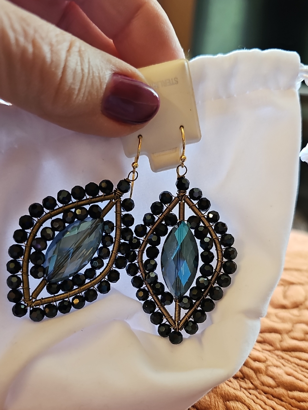 Teardrop Blue Crystal & Black Bead Dangle Earrings